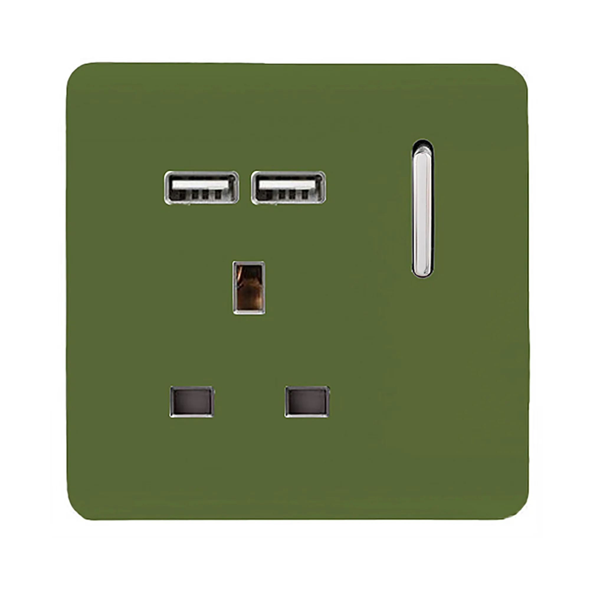 1 Gang 13Amp Switched Single Socket With 2 x USB Moss Green